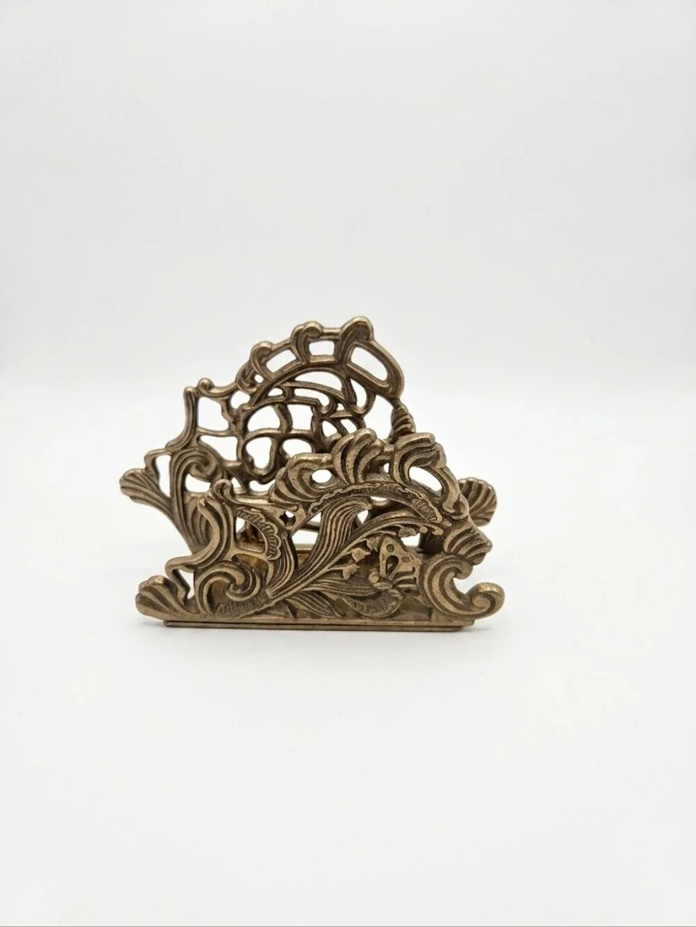 Vintage Solid Brass Napkin Holder, Victorian/Baroque, Mid Century Decor, Heavy